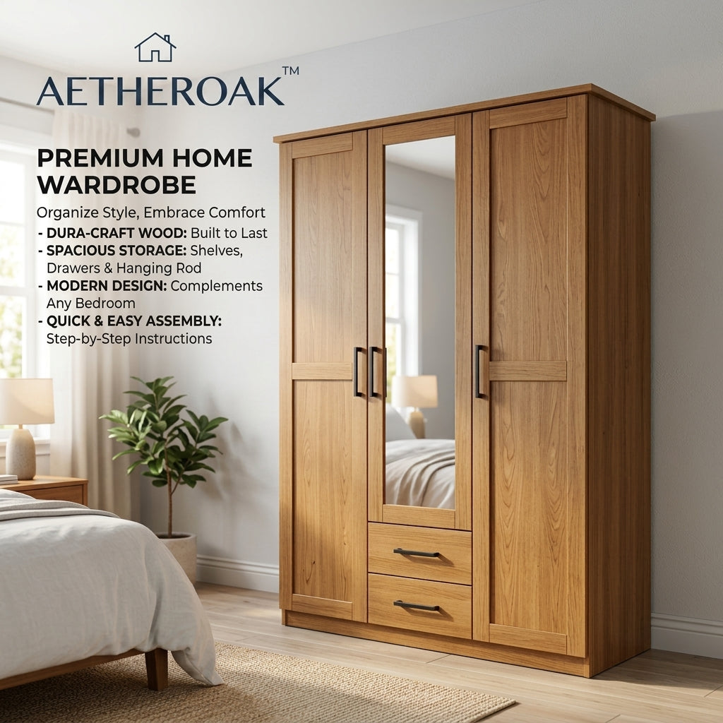 AETHEROAK™ HavenOak 3-Door Wardrobe with Mirror**